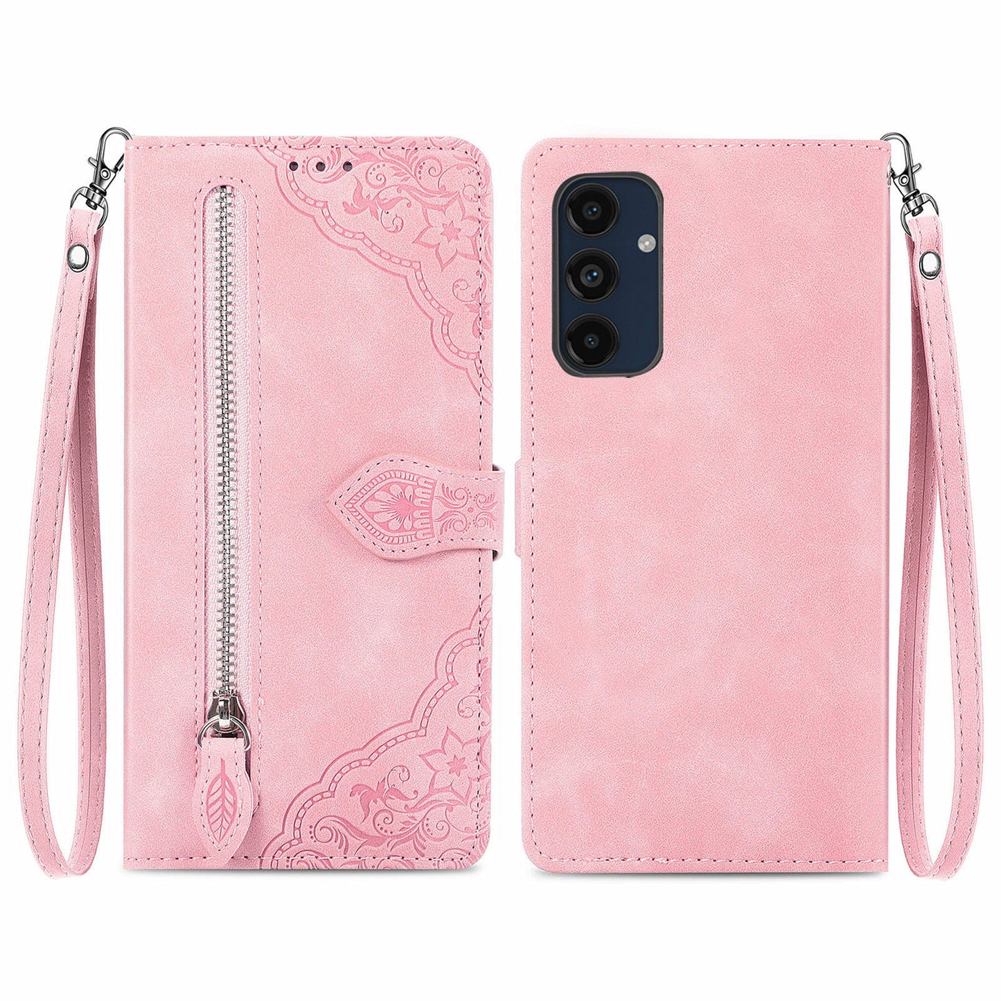 For Samsung Galaxy A16 5G / A16 4G Case Zipper Wallet PU Leather Flower Imprint Phone Cover - Pink