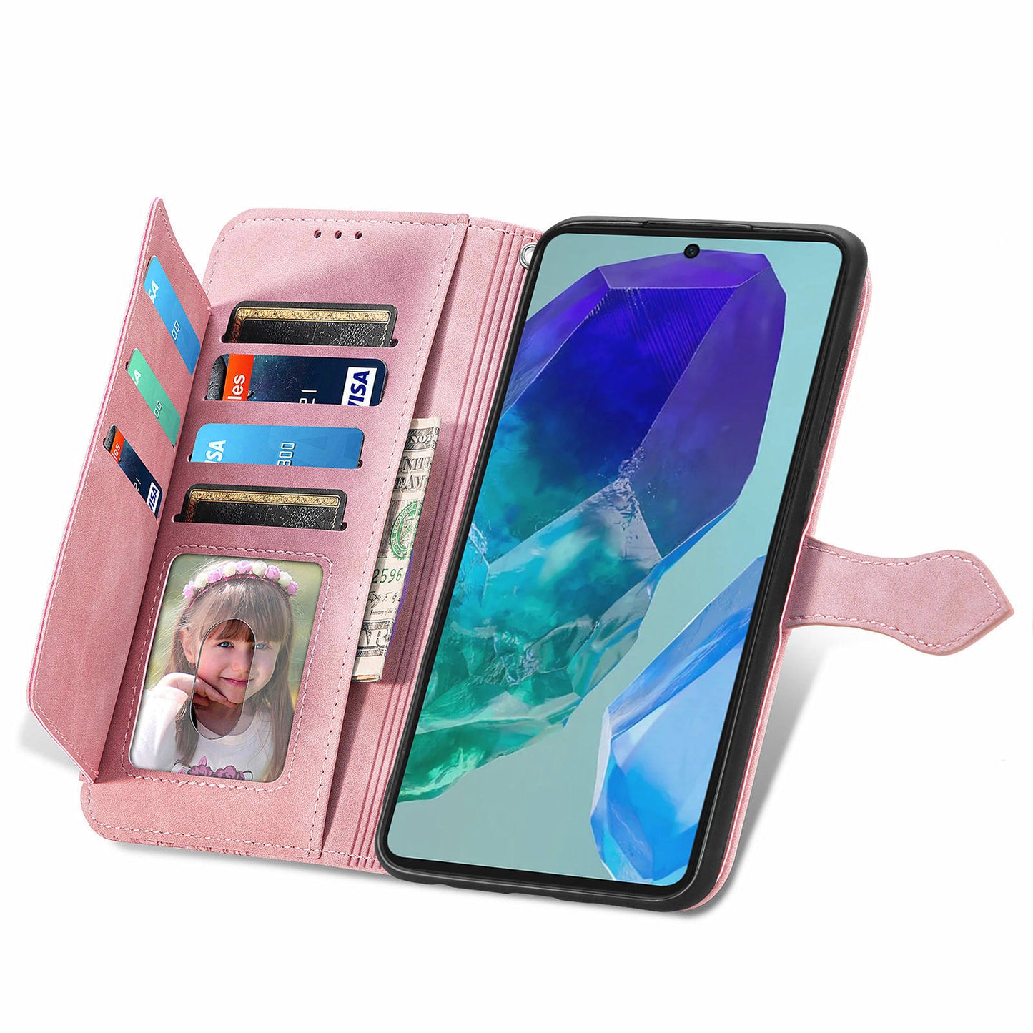 For Samsung Galaxy A16 5G / A16 4G Case Zipper Wallet PU Leather Flower Imprint Phone Cover - Pink