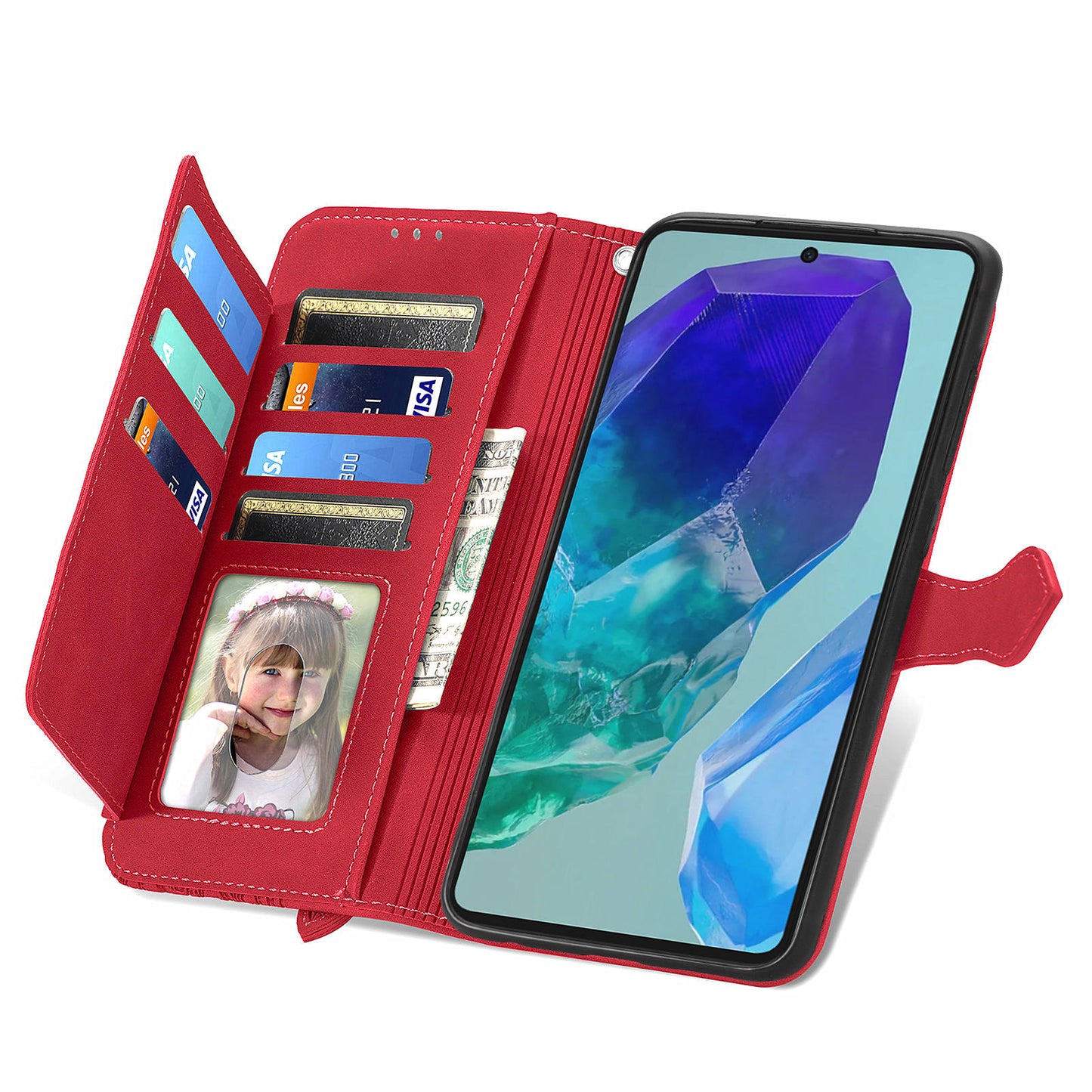 For Samsung Galaxy A16 5G / A16 4G Case Zipper Wallet PU Leather Flower Imprint Phone Cover - Red