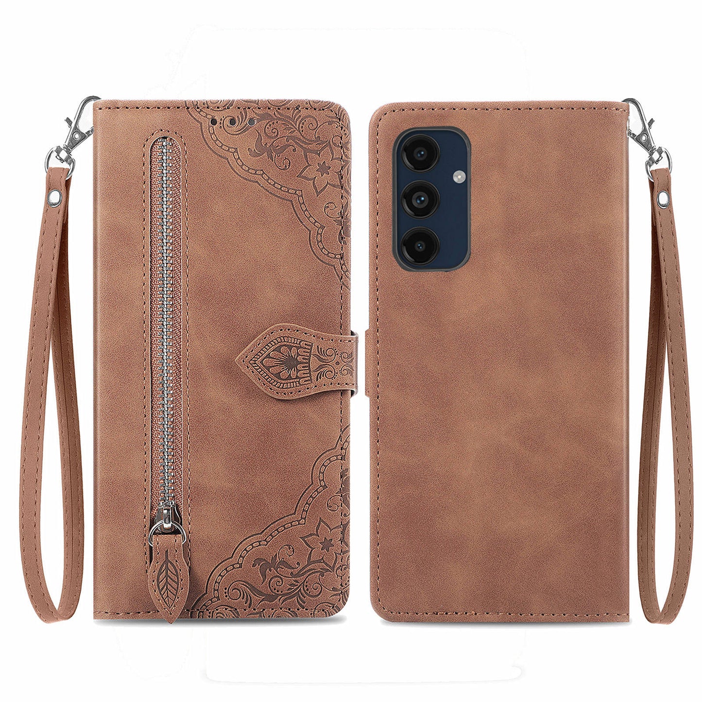 For Samsung Galaxy A16 5G / A16 4G Case Zipper Wallet PU Leather Flower Imprint Phone Cover - Brown