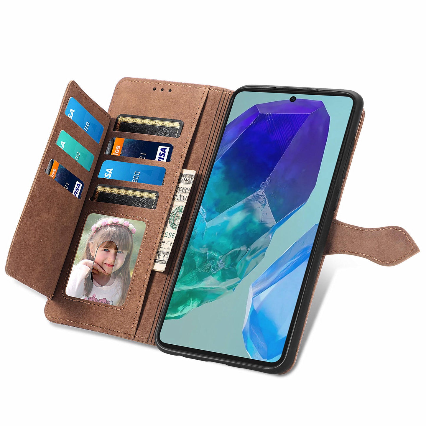 For Samsung Galaxy A16 5G / A16 4G Case Zipper Wallet PU Leather Flower Imprint Phone Cover - Brown