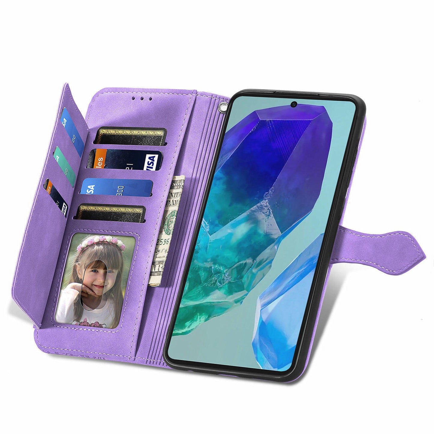 For Samsung Galaxy A16 5G / A16 4G Case Zipper Wallet PU Leather Flower Imprint Phone Cover - Light Purple