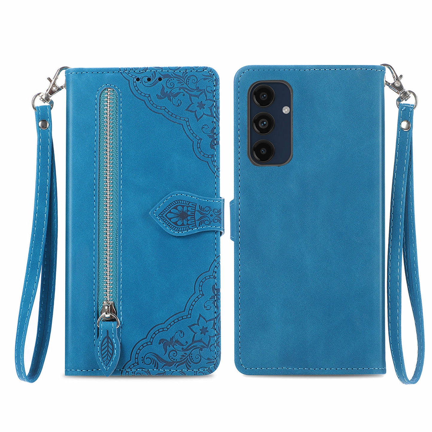 For Samsung Galaxy A16 5G / A16 4G Case Zipper Wallet PU Leather Flower Imprint Phone Cover - Blue