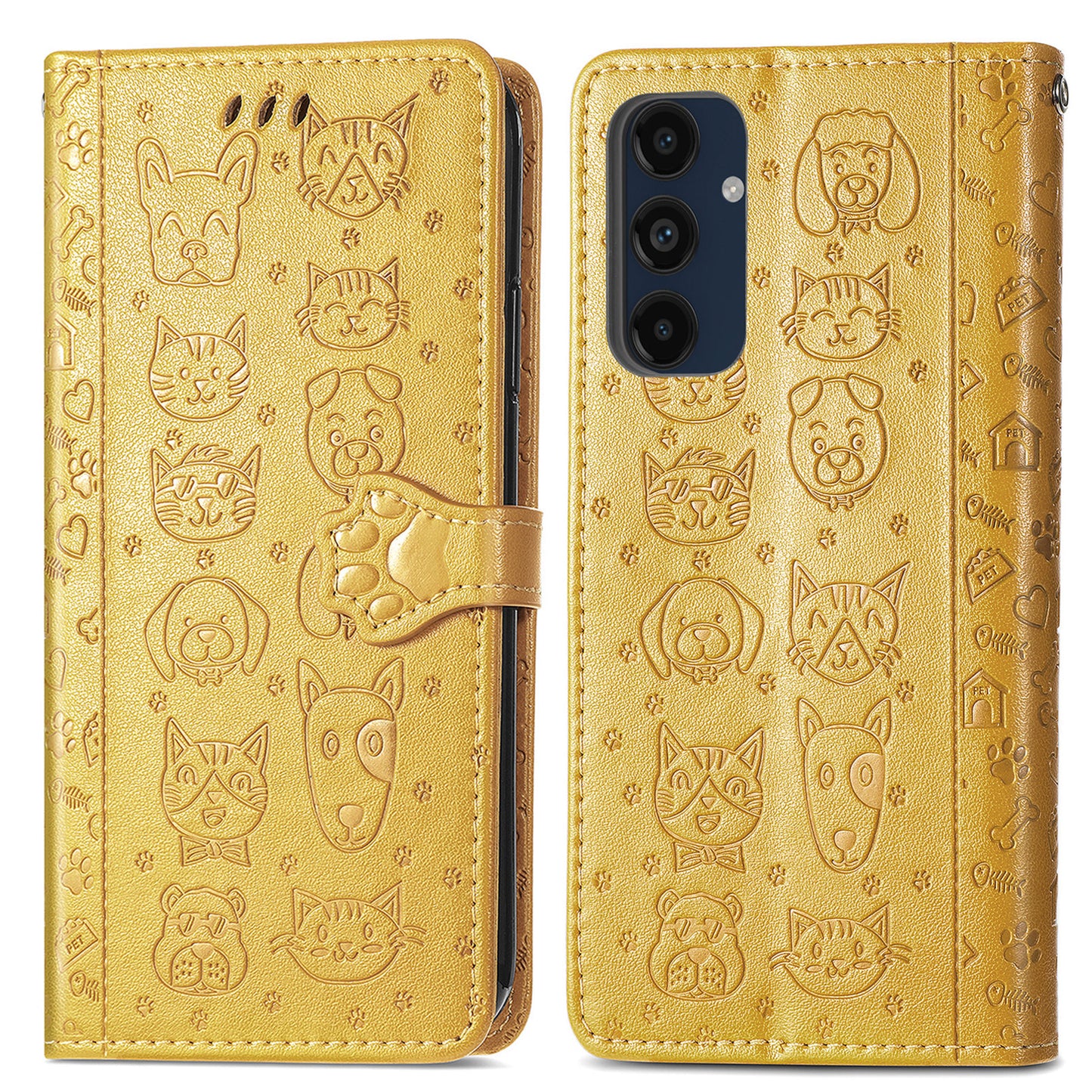 For Samsung Galaxy A16 5G / A16 4G Case Leather Wallet Flip Phone Cover Cute Cat Dog Pattern - Yellow