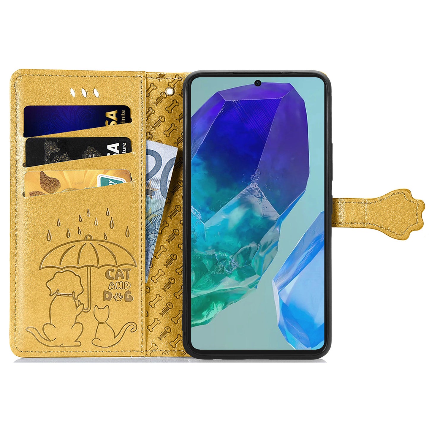 For Samsung Galaxy A16 5G / A16 4G Case Leather Wallet Flip Phone Cover Cute Cat Dog Pattern - Yellow