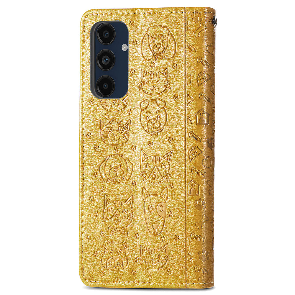 For Samsung Galaxy A16 5G / A16 4G Case Leather Wallet Flip Phone Cover Cute Cat Dog Pattern - Yellow