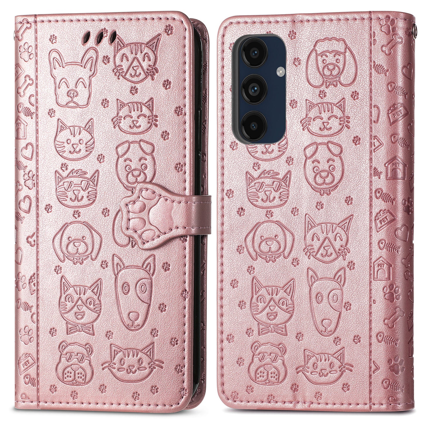 For Samsung Galaxy A16 5G / A16 4G Case Leather Wallet Flip Phone Cover Cute Cat Dog Pattern - Rose Gold