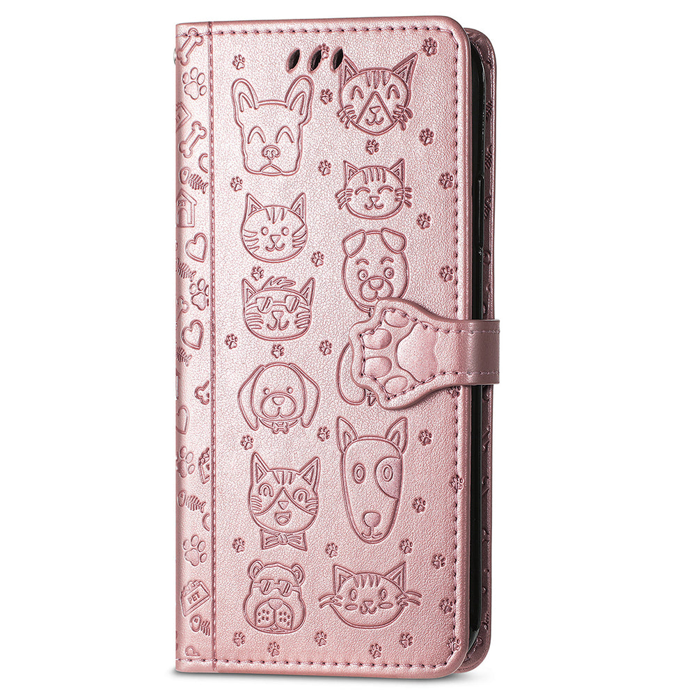 For Samsung Galaxy A16 5G / A16 4G Case Leather Wallet Flip Phone Cover Cute Cat Dog Pattern - Rose Gold