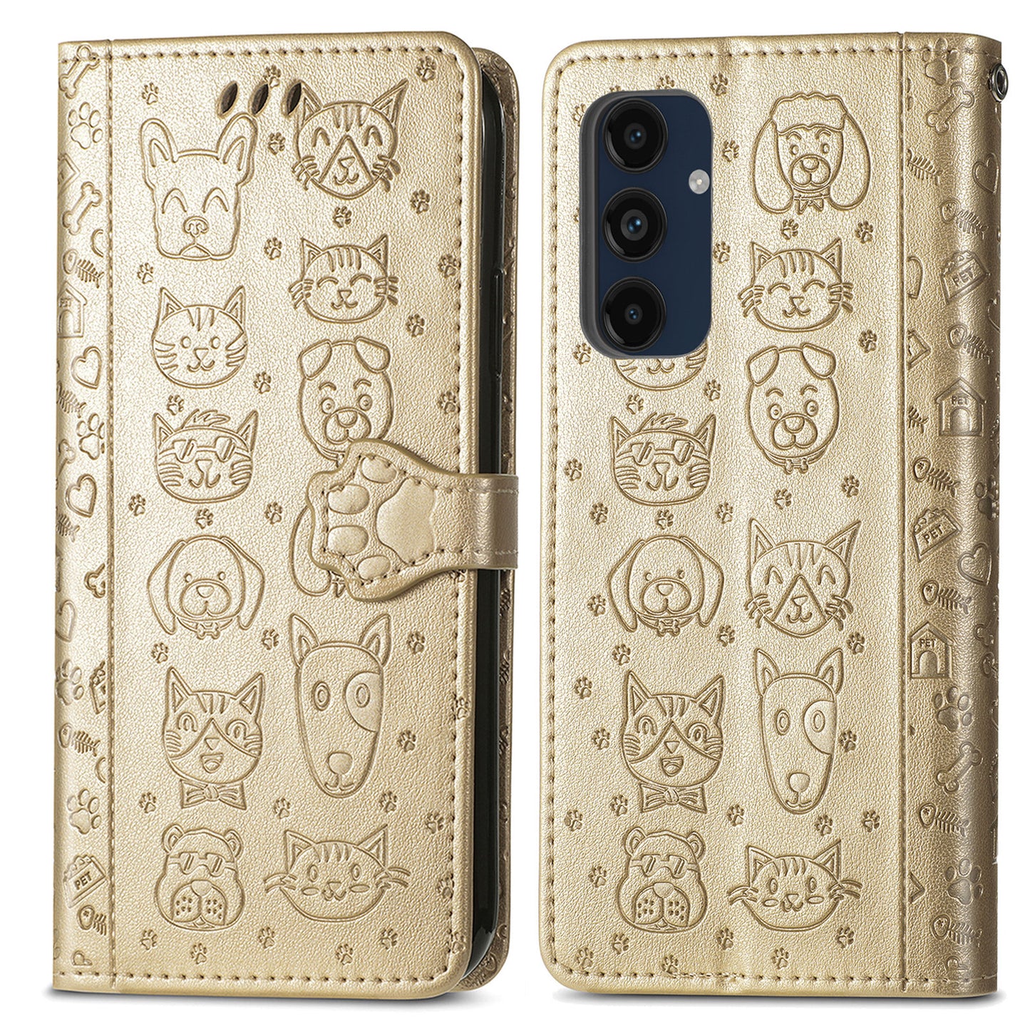For Samsung Galaxy A16 5G / A16 4G Case Leather Wallet Flip Phone Cover Cute Cat Dog Pattern - Gold