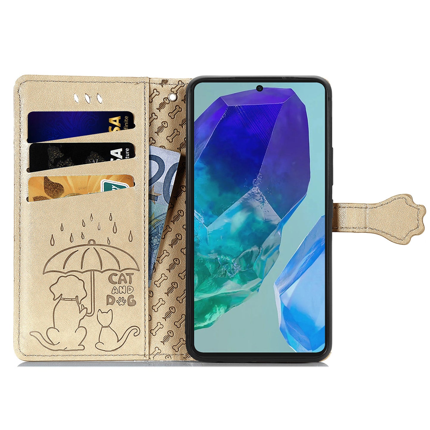 For Samsung Galaxy A16 5G / A16 4G Case Leather Wallet Flip Phone Cover Cute Cat Dog Pattern - Gold