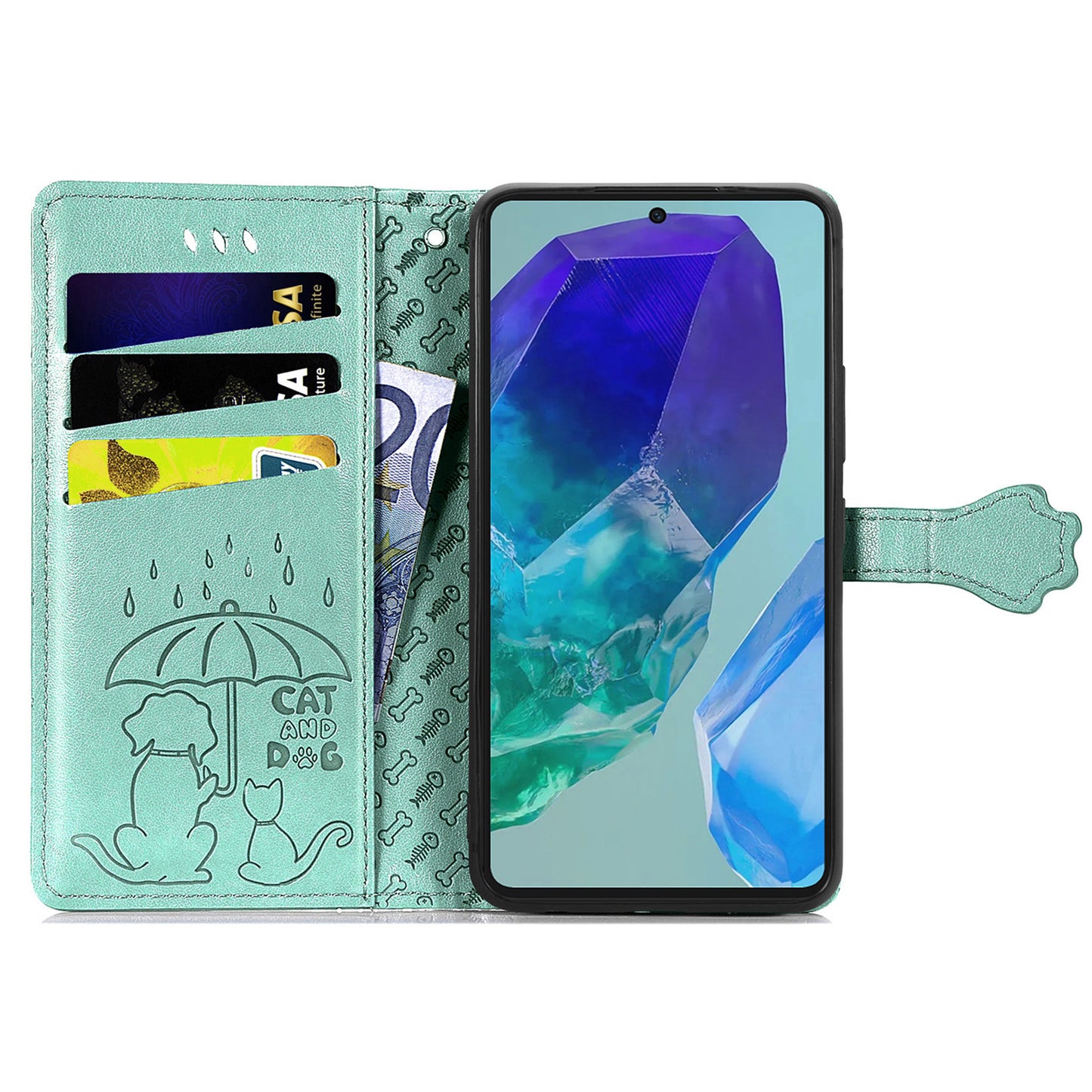 For Samsung Galaxy A16 5G / A16 4G Case Leather Wallet Flip Phone Cover Cute Cat Dog Pattern - Green