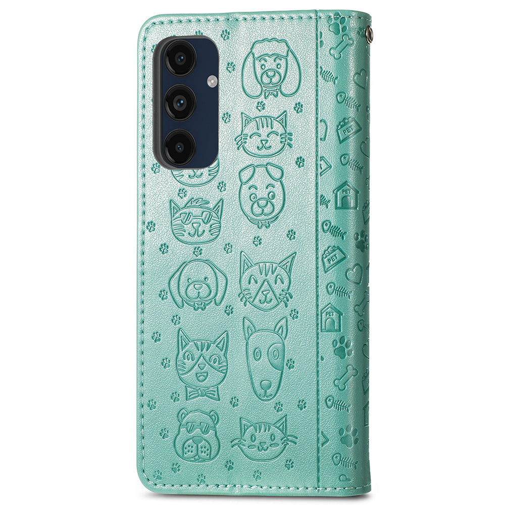 For Samsung Galaxy A16 5G / A16 4G Case Leather Wallet Flip Phone Cover Cute Cat Dog Pattern - Green