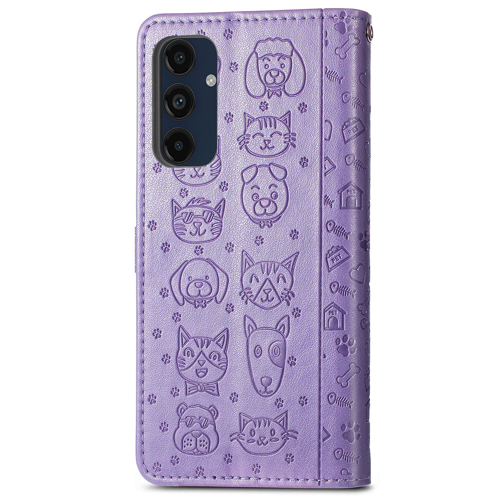 For Samsung Galaxy A16 5G / A16 4G Case Leather Wallet Flip Phone Cover Cute Cat Dog Pattern - Light Purple