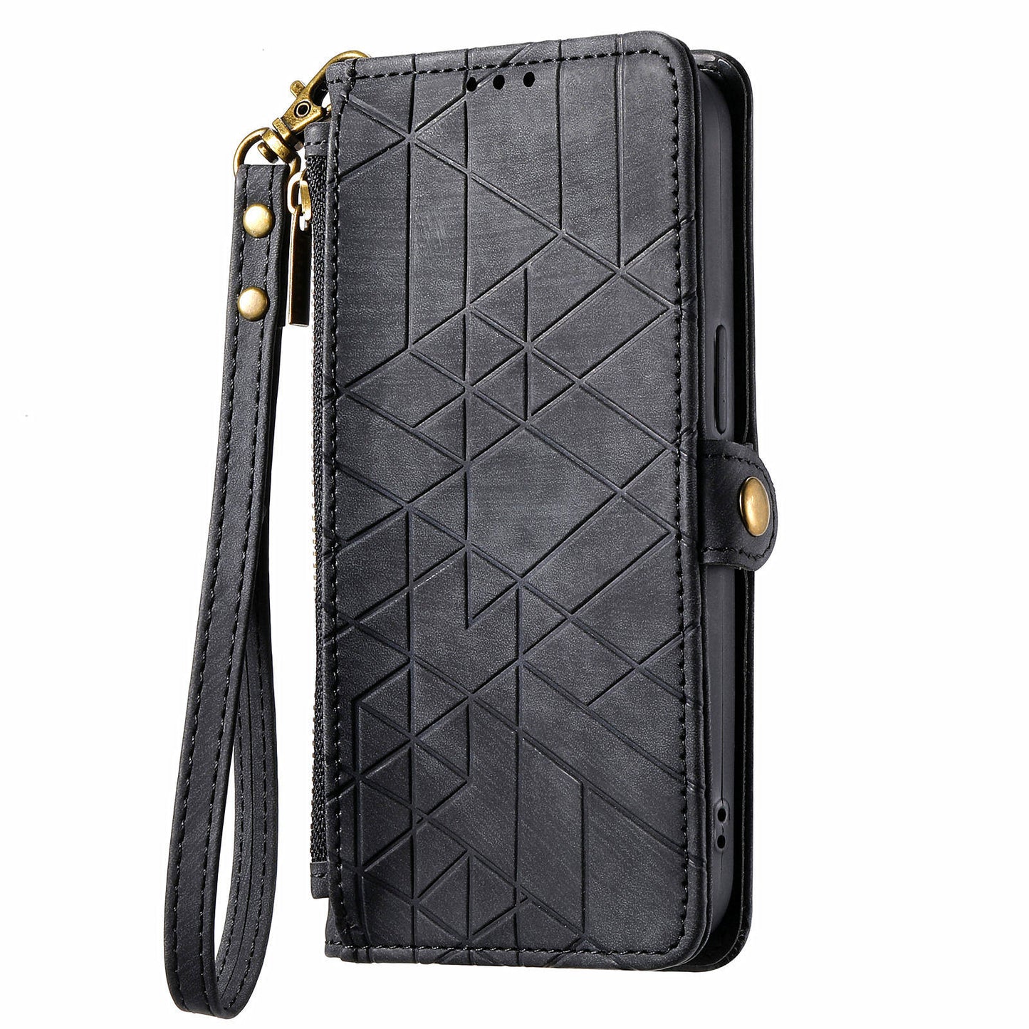 For Samsung Galaxy A16 5G / A16 4G Case Zipper Wallet Geometry Lines Leather Phone Cover - Black