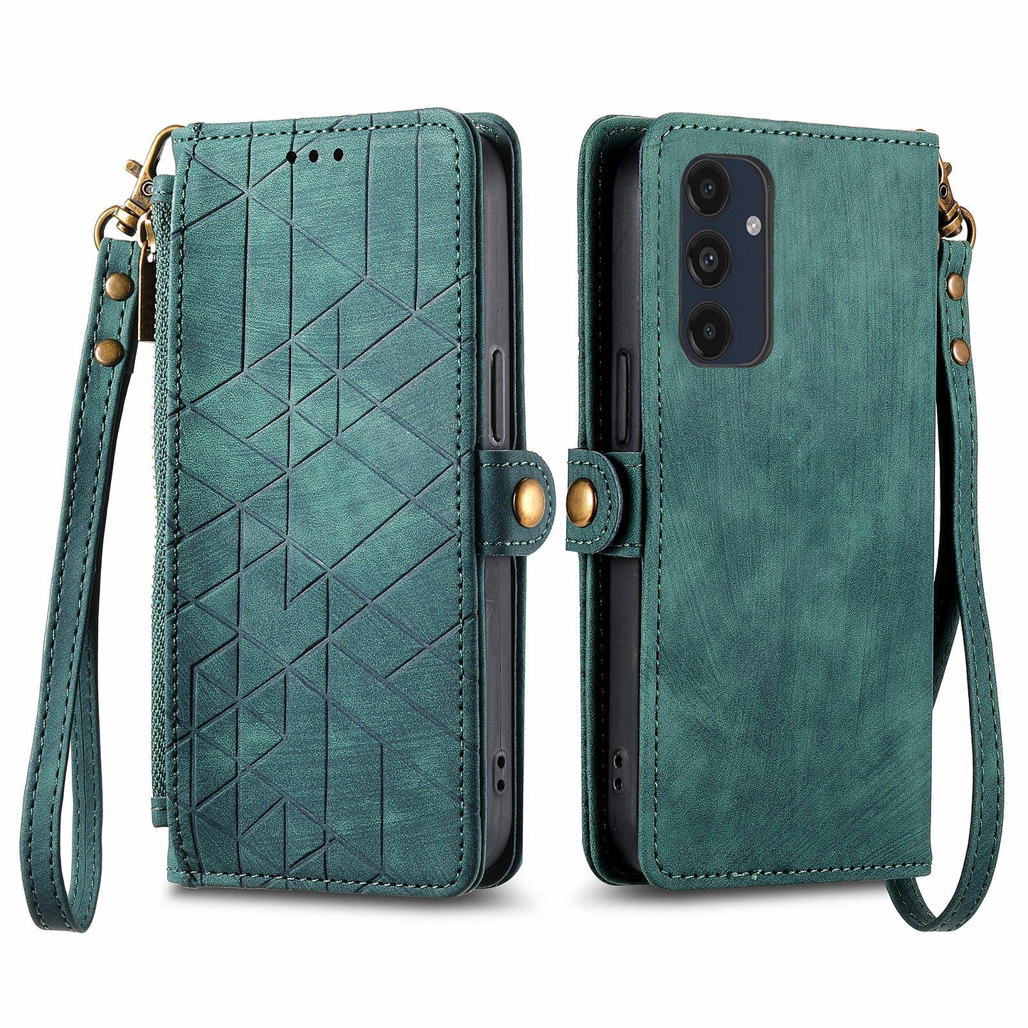 For Samsung Galaxy A16 5G / A16 4G Case Zipper Wallet Geometry Lines Leather Phone Cover - Green