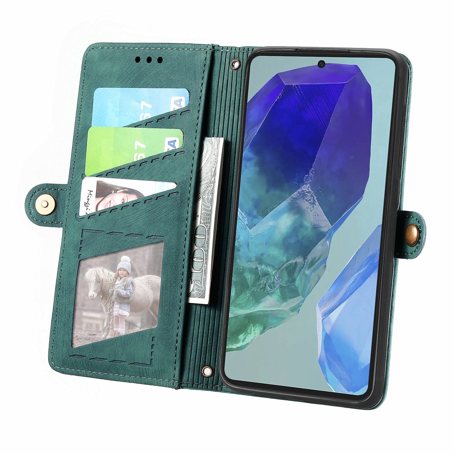 For Samsung Galaxy A16 5G / A16 4G Case Zipper Wallet Geometry Lines Leather Phone Cover - Green