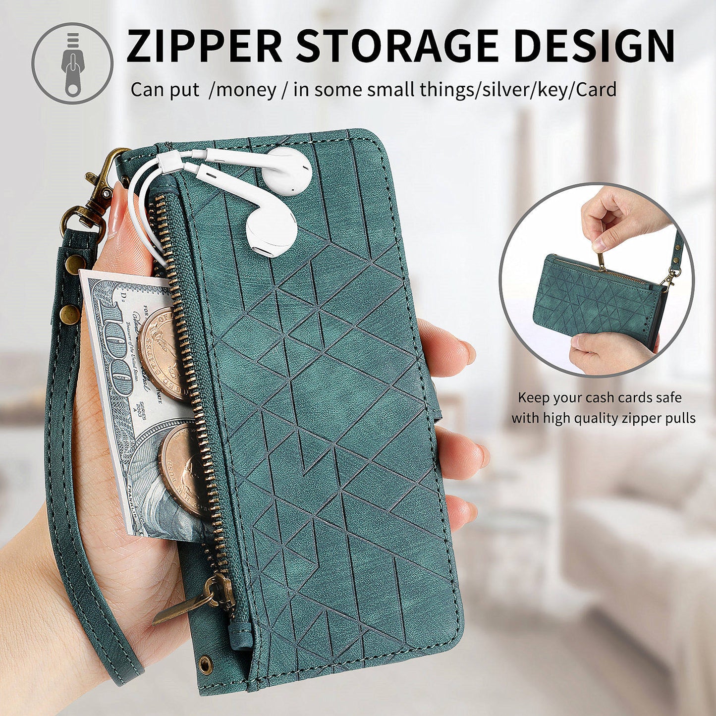 For Samsung Galaxy A16 5G / A16 4G Case Zipper Wallet Geometry Lines Leather Phone Cover - Green