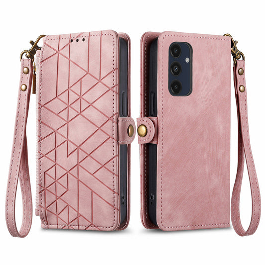 For Samsung Galaxy A16 5G / A16 4G Case Zipper Wallet Geometry Lines Leather Phone Cover - Pink