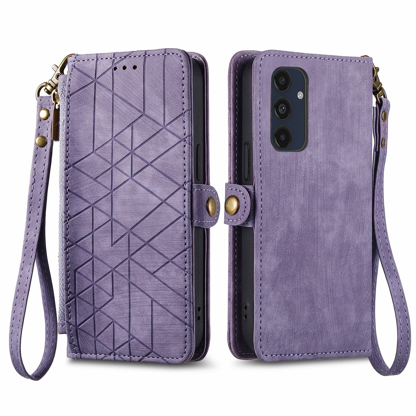 For Samsung Galaxy A16 5G / A16 4G Case Zipper Wallet Geometry Lines Leather Phone Cover - Light Purple