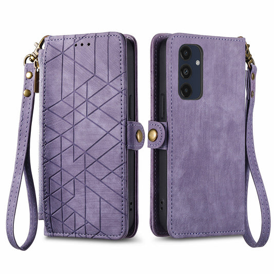 For Samsung Galaxy A16 5G / A16 4G Case Zipper Wallet Geometry Lines Leather Phone Cover - Light Purple