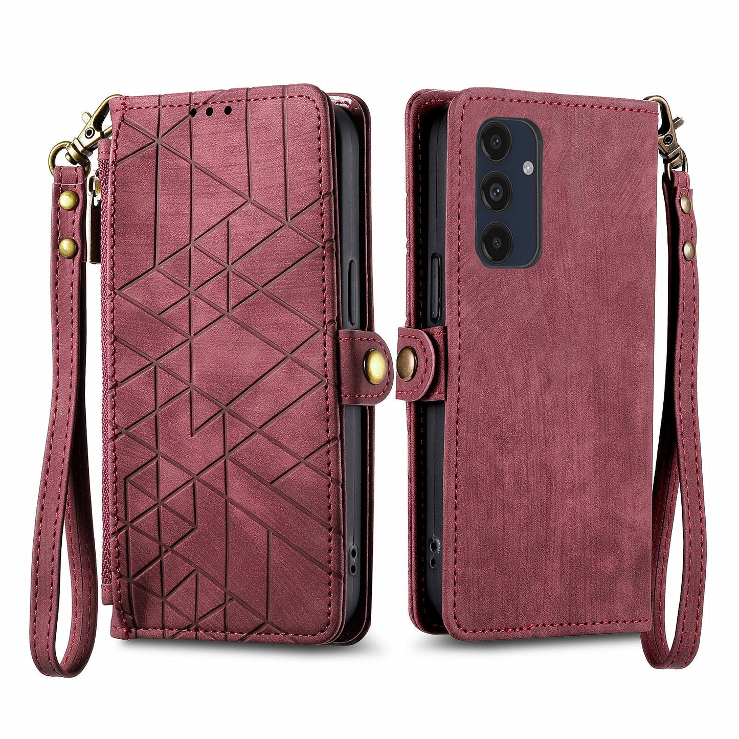 For Samsung Galaxy A16 5G / A16 4G Case Zipper Wallet Geometry Lines Leather Phone Cover - Red