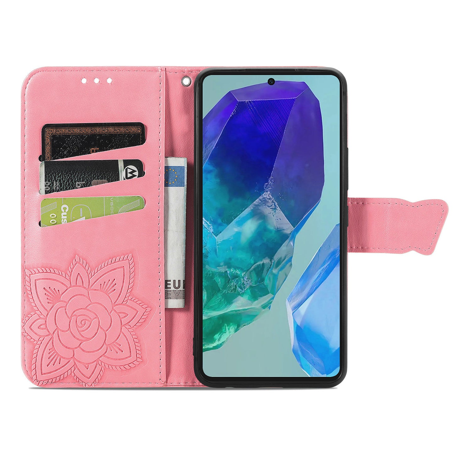 For Samsung Galaxy A16 5G / A16 4G Case PU Leather Wallet Phone Cover Butterfly Pattern - Pink