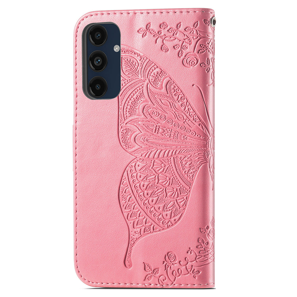 For Samsung Galaxy A16 5G / A16 4G Case PU Leather Wallet Phone Cover Butterfly Pattern - Pink