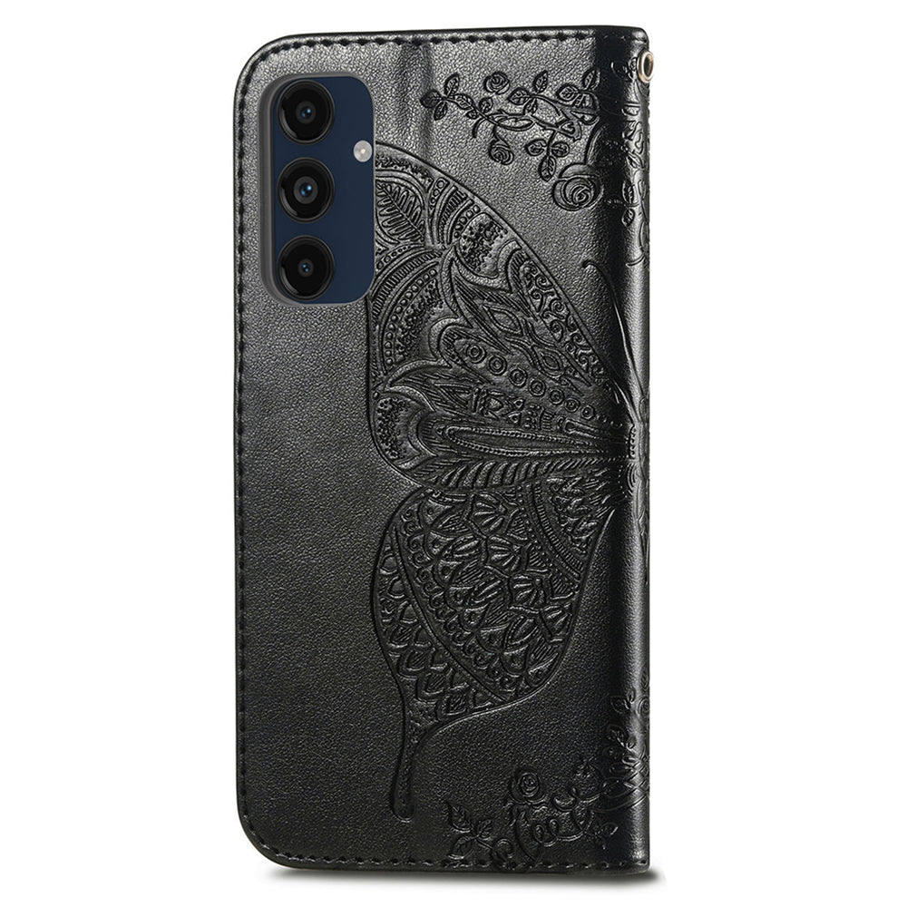 For Samsung Galaxy A16 5G / A16 4G Case PU Leather Wallet Phone Cover Butterfly Pattern - Black