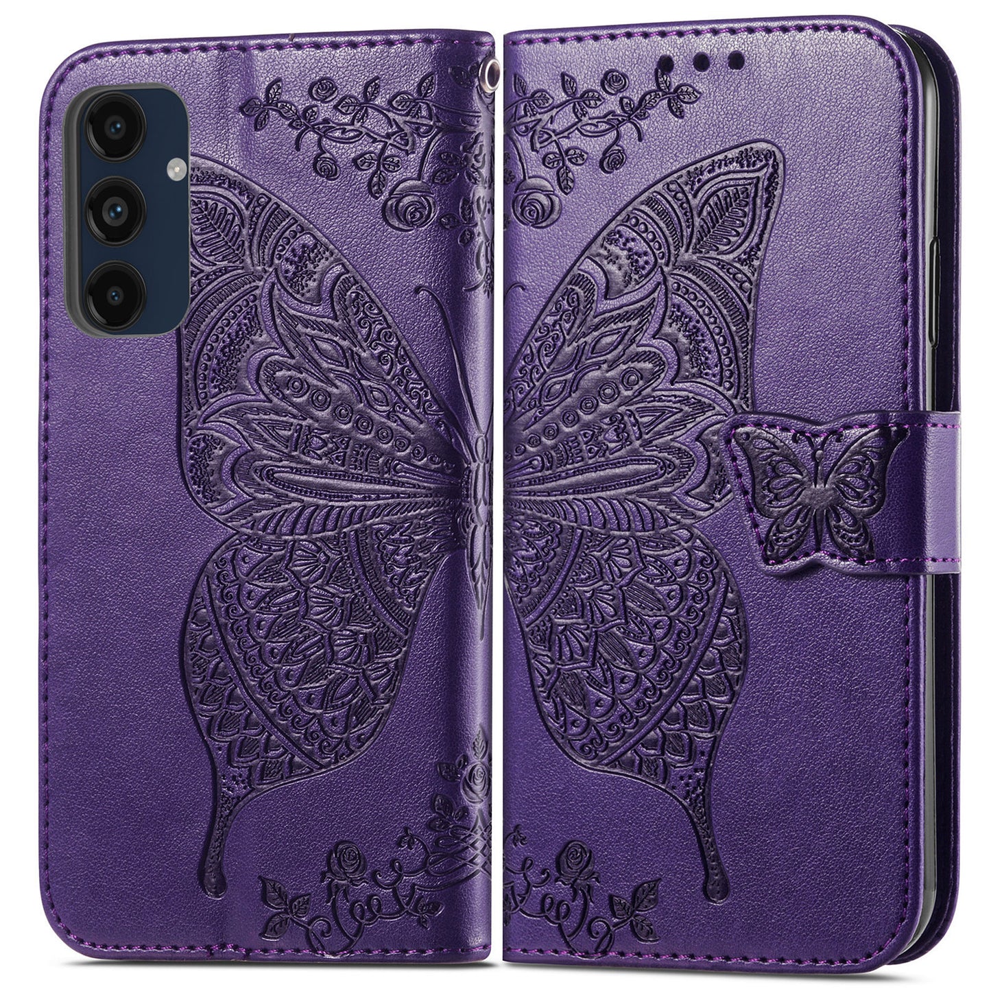 For Samsung Galaxy A16 5G / A16 4G Case PU Leather Wallet Phone Cover Butterfly Pattern - Dark Purple