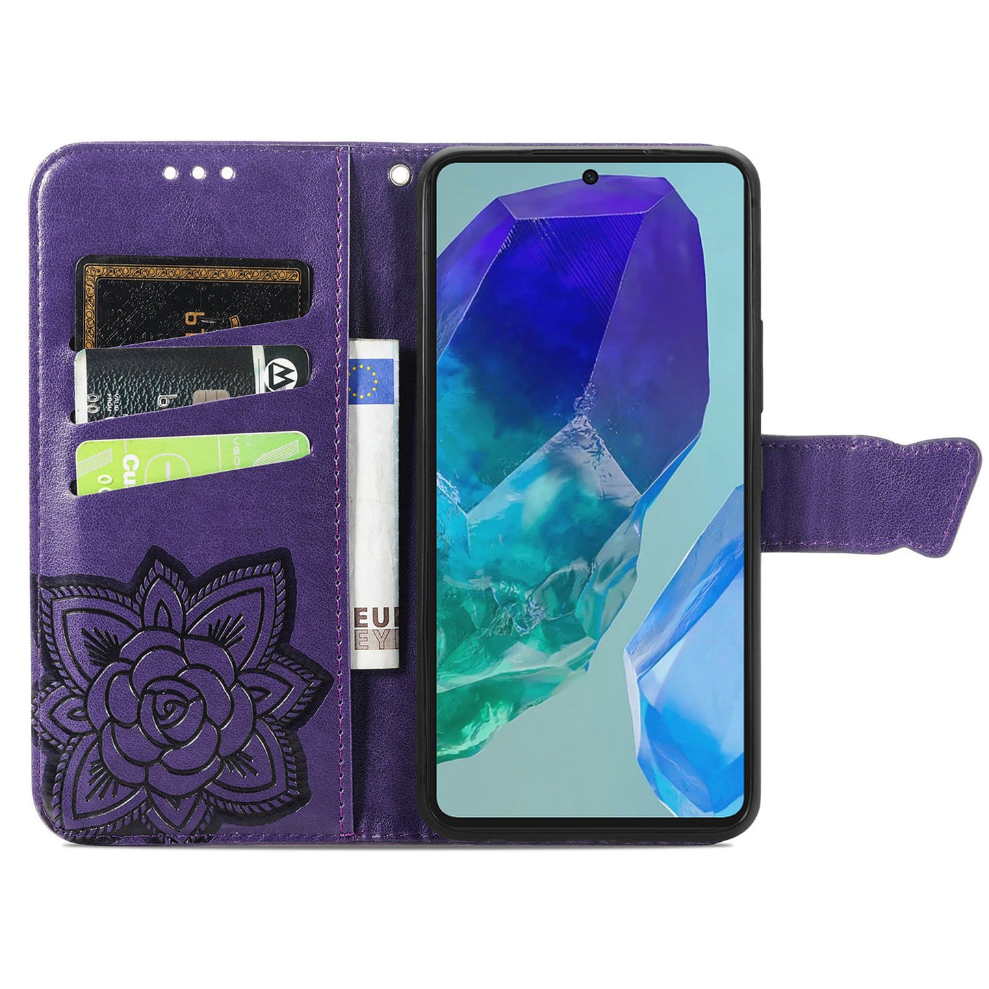 For Samsung Galaxy A16 5G / A16 4G Case PU Leather Wallet Phone Cover Butterfly Pattern - Dark Purple