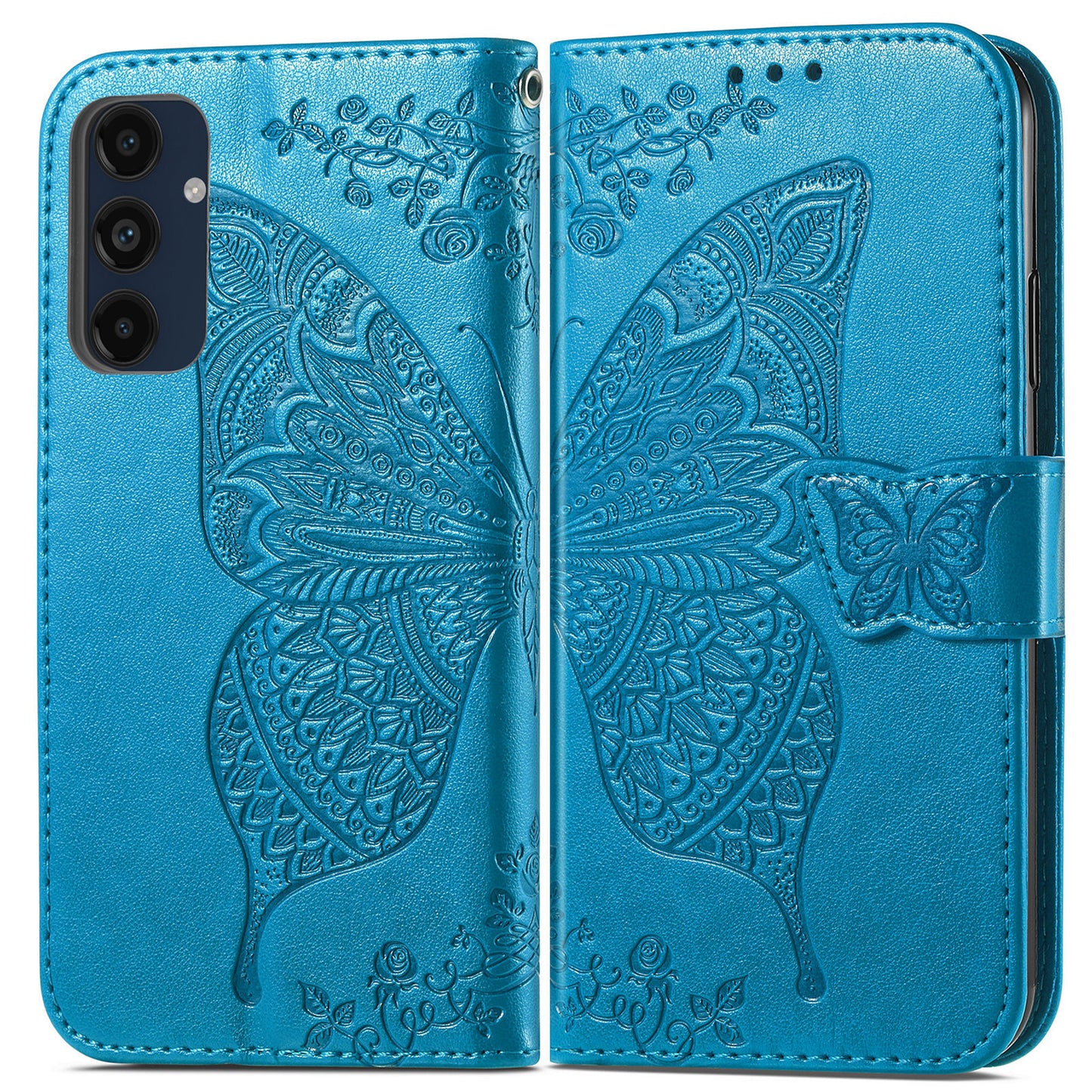 For Samsung Galaxy A16 5G / A16 4G Case PU Leather Wallet Phone Cover Butterfly Pattern - Blue
