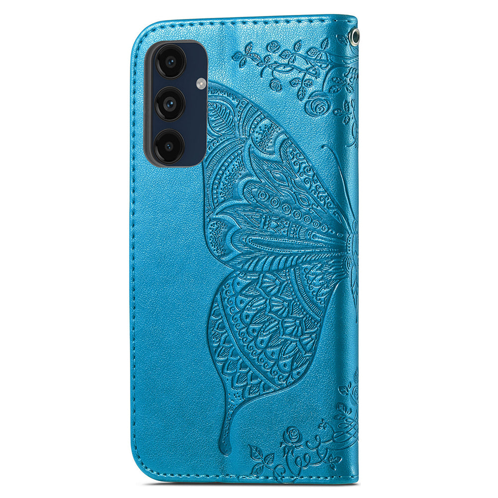 For Samsung Galaxy A16 5G / A16 4G Case PU Leather Wallet Phone Cover Butterfly Pattern - Blue