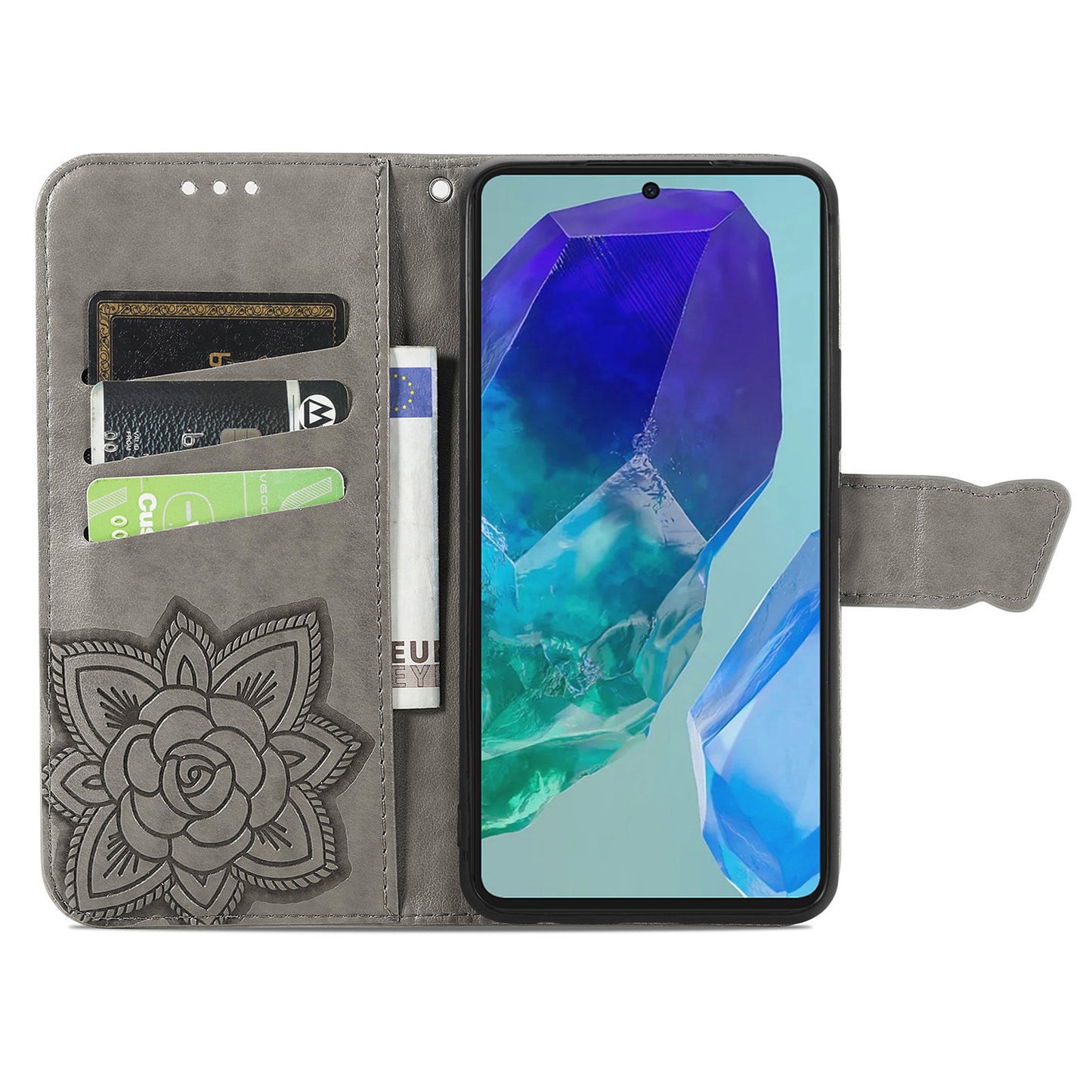 For Samsung Galaxy A16 5G / A16 4G Case PU Leather Wallet Phone Cover Butterfly Pattern - Grey