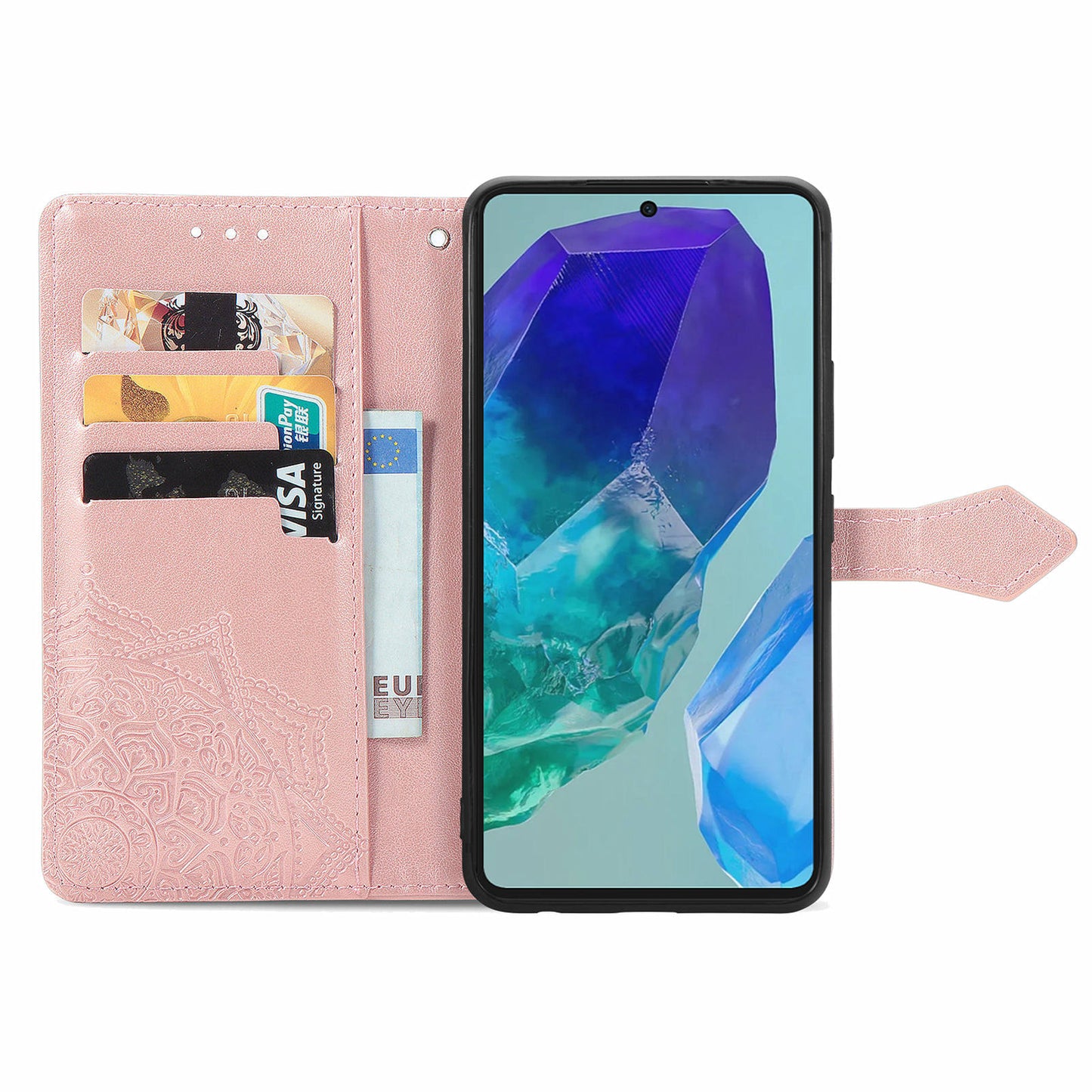 For Samsung Galaxy A16 5G / A16 4G Case Mandala Embossed Design Leather Wallet Phone Cover - Rose Gold