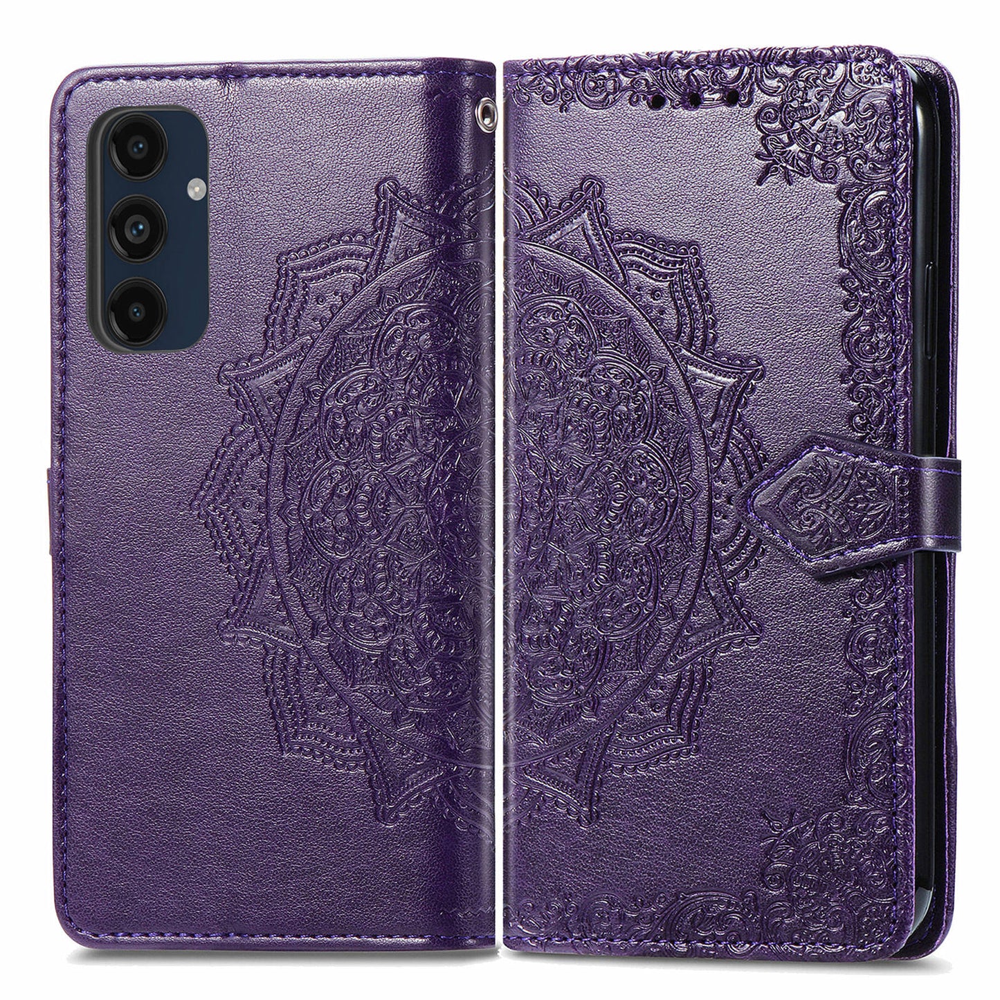 For Samsung Galaxy A16 5G / A16 4G Case Mandala Embossed Design Leather Wallet Phone Cover - Dark Purple