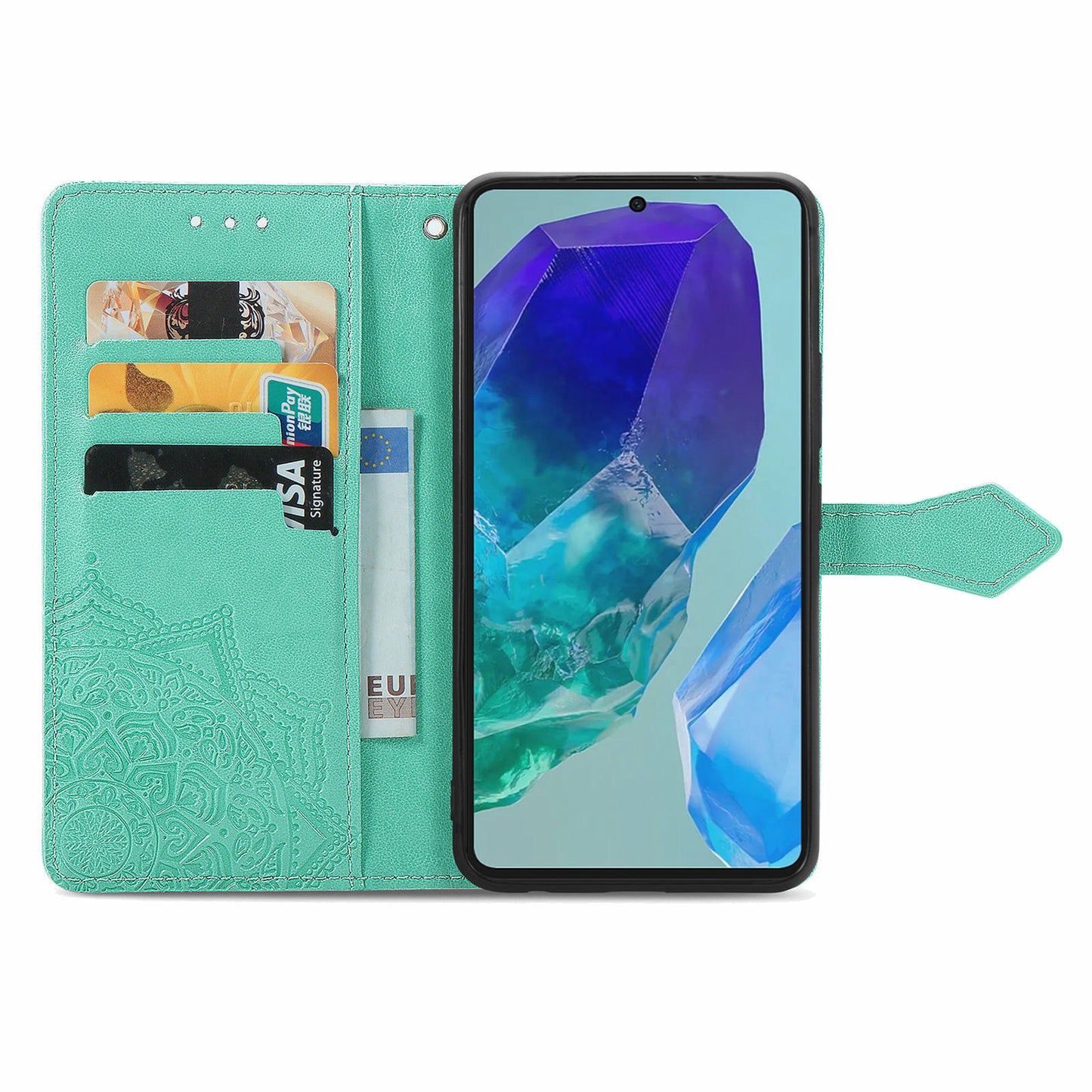 For Samsung Galaxy A16 5G / A16 4G Case Mandala Embossed Design Leather Wallet Phone Cover - Green