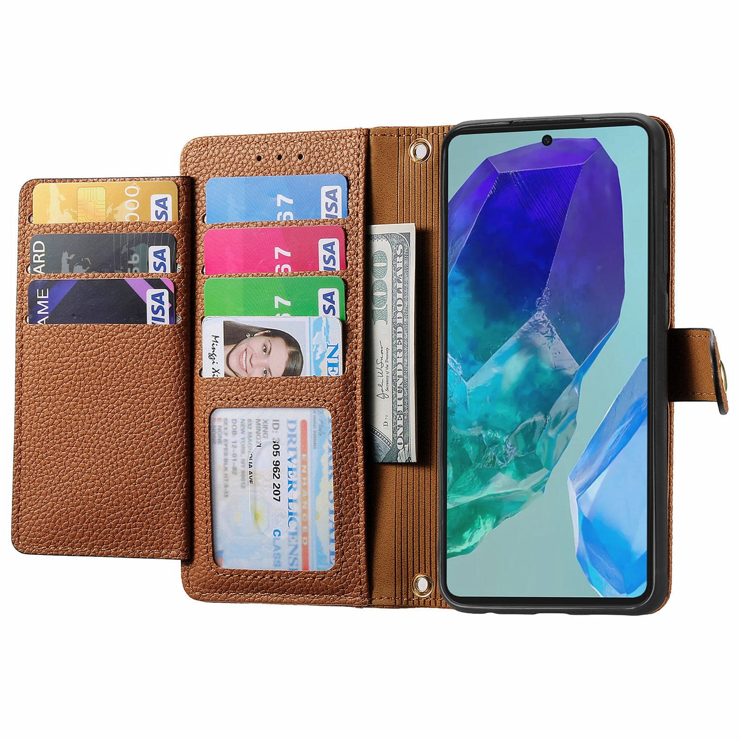 For Samsung Galaxy A16 5G / A16 4G Case RFID Blocking Zipper Pocket Leather Wallet Phone Cover - Brown
