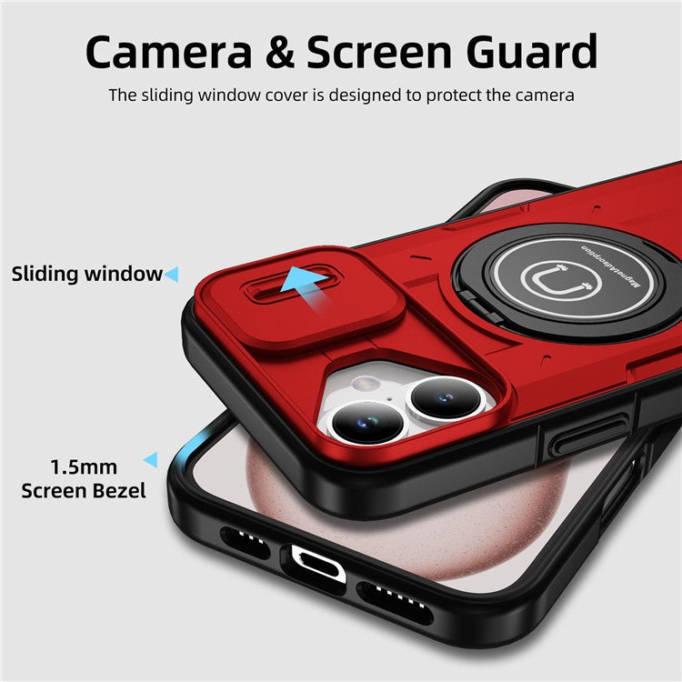 For iPhone 16 Case Camshield Kickstand TPU+PC Phone Cover Support Magnetic Car Mount - Red