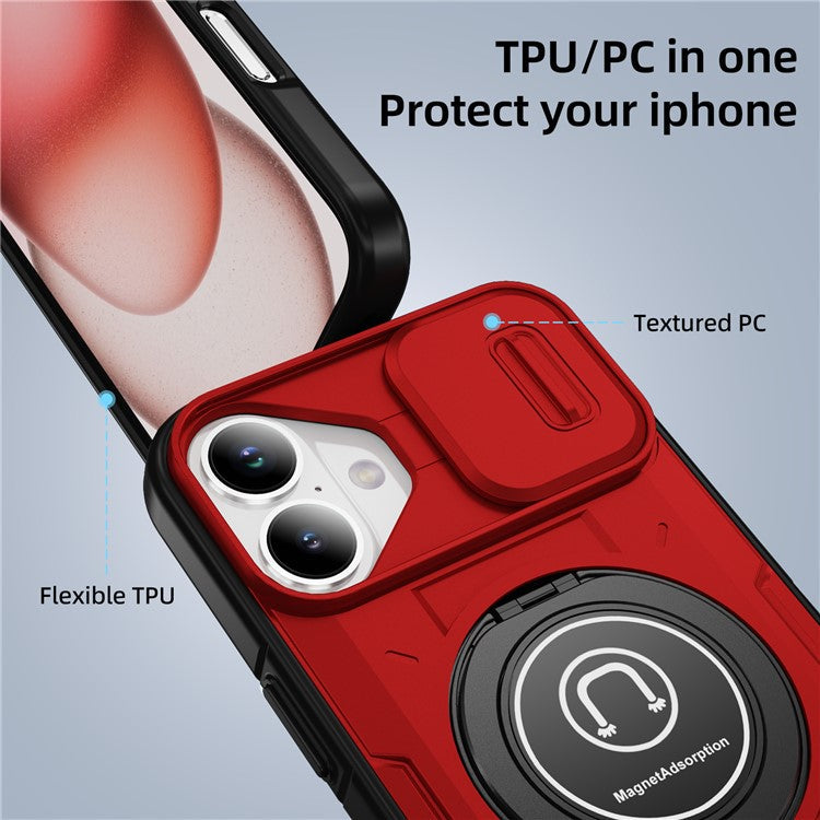 For iPhone 16 Case Camshield Kickstand TPU+PC Phone Cover Support Magnetic Car Mount - Red