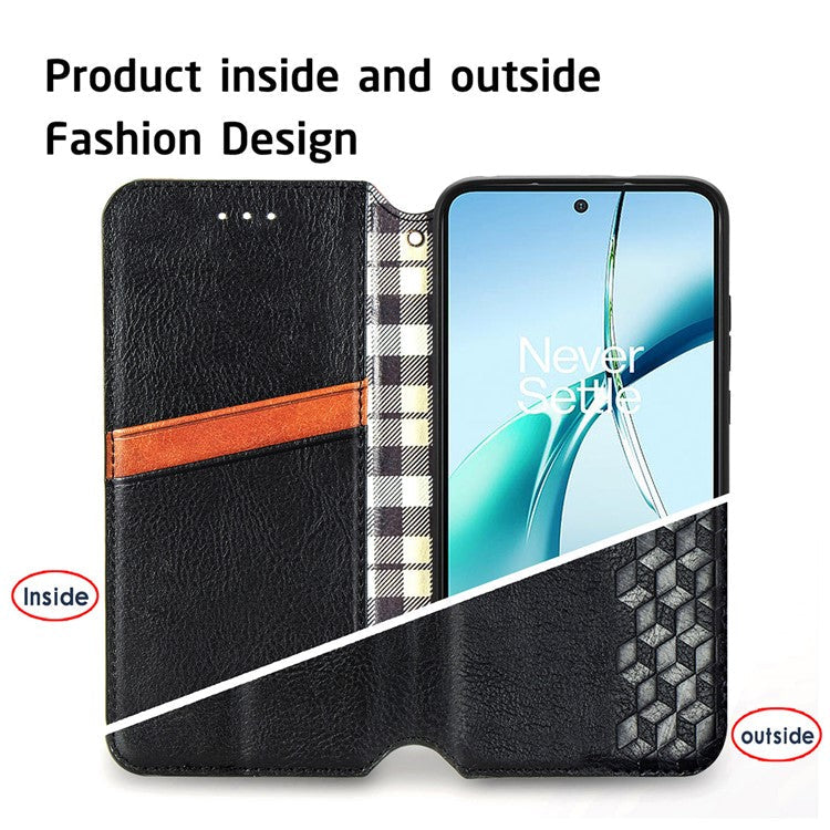 For OnePlus Nord CE4 Lite 5G Case Rhombus Imprint PU Leather Wallet Phone Cover - Black