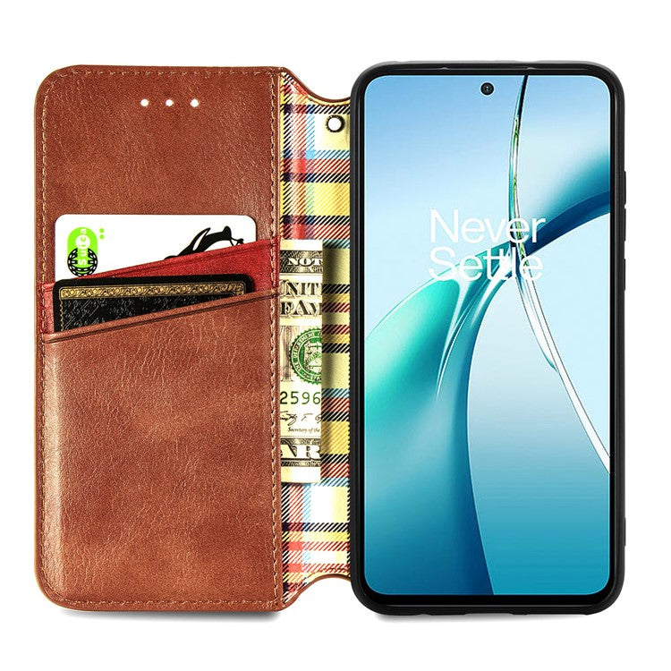 For OnePlus Nord CE4 Lite 5G Case Rhombus Imprint PU Leather Wallet Phone Cover - Brown