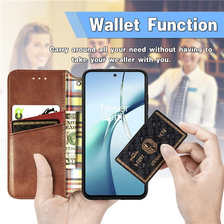 For OnePlus Nord CE4 Lite 5G Case Rhombus Imprint PU Leather Wallet Phone Cover - Brown