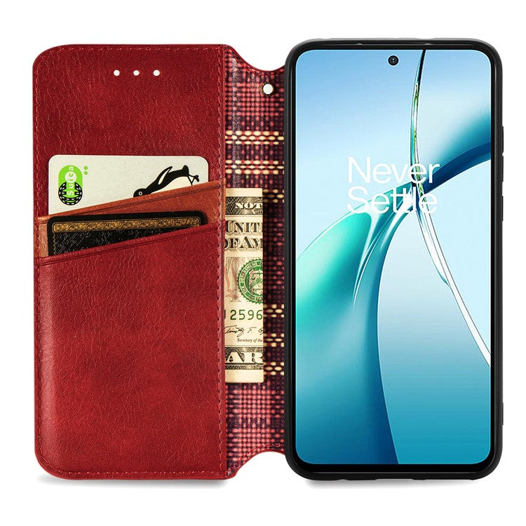 For OnePlus Nord CE4 Lite 5G Case Rhombus Imprint PU Leather Wallet Phone Cover - Red