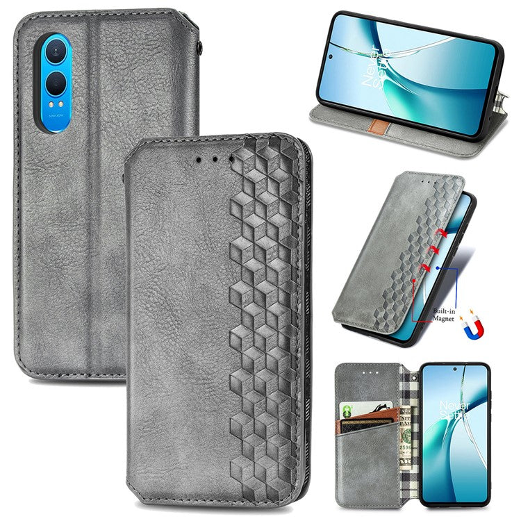 For OnePlus Nord CE4 Lite 5G Case Rhombus Imprint PU Leather Wallet Phone Cover - Grey