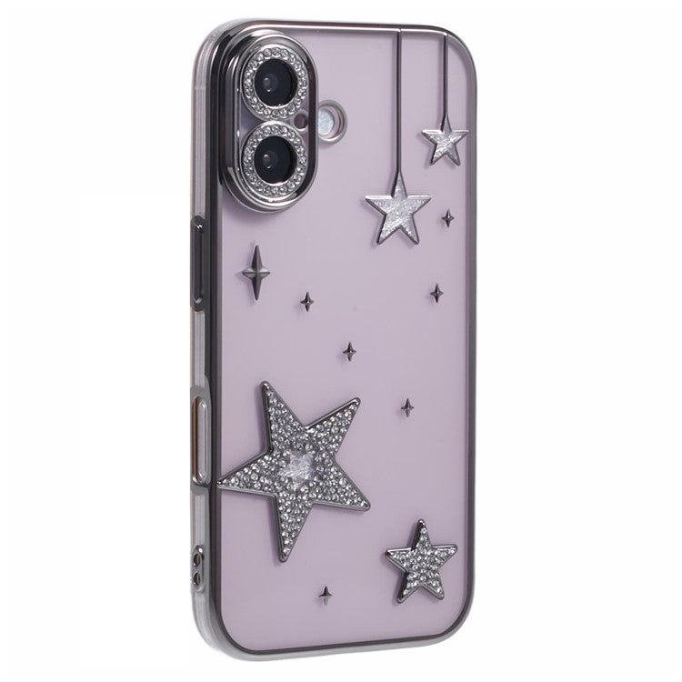 For iPhone 16 Plus Case 3D Bling Stars Electroplating TPU Clear Phone Case - Grey