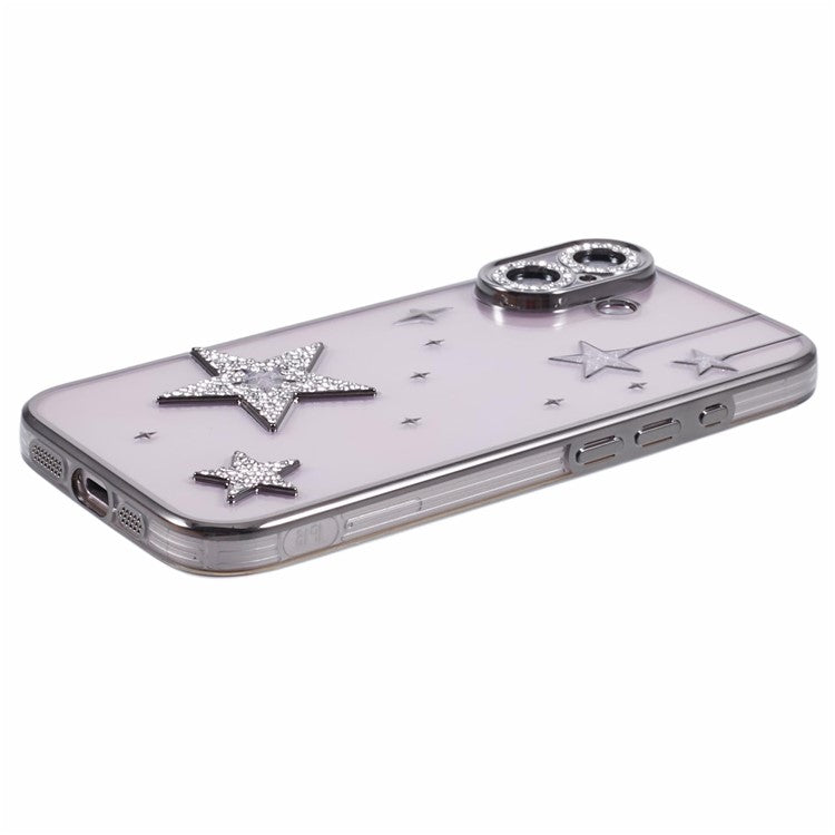For iPhone 16 Plus Case 3D Bling Stars Electroplating TPU Clear Phone Case - Grey