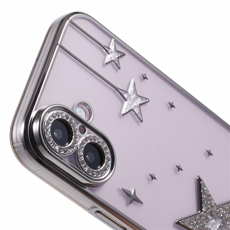 For iPhone 16 Plus Case 3D Bling Stars Electroplating TPU Clear Phone Case - Grey