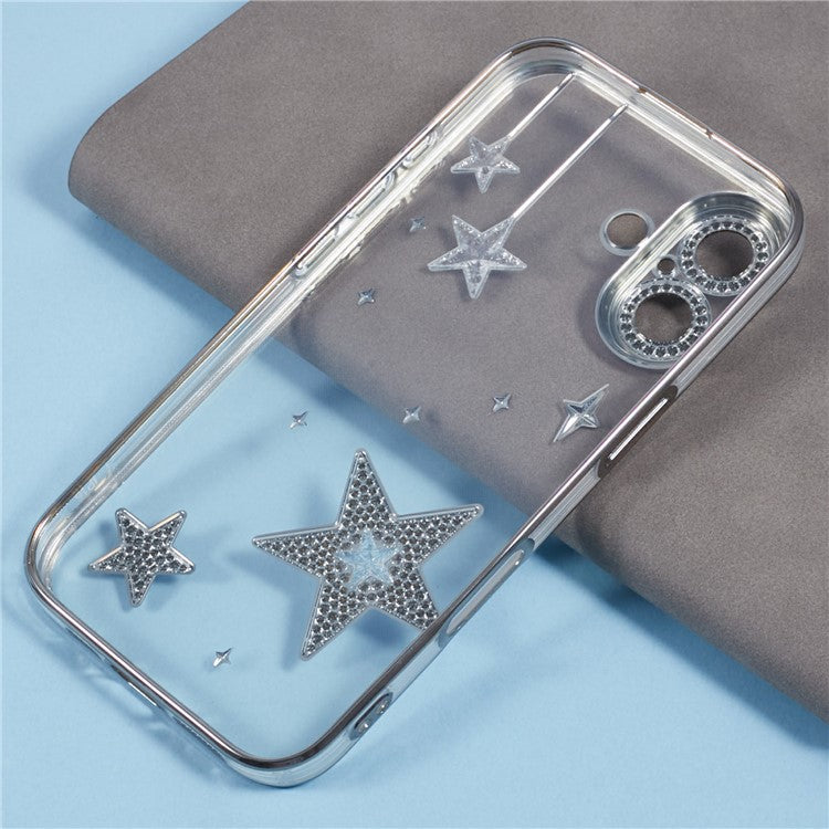 For iPhone 16 Plus Case 3D Bling Stars Electroplating TPU Clear Phone Case - Grey