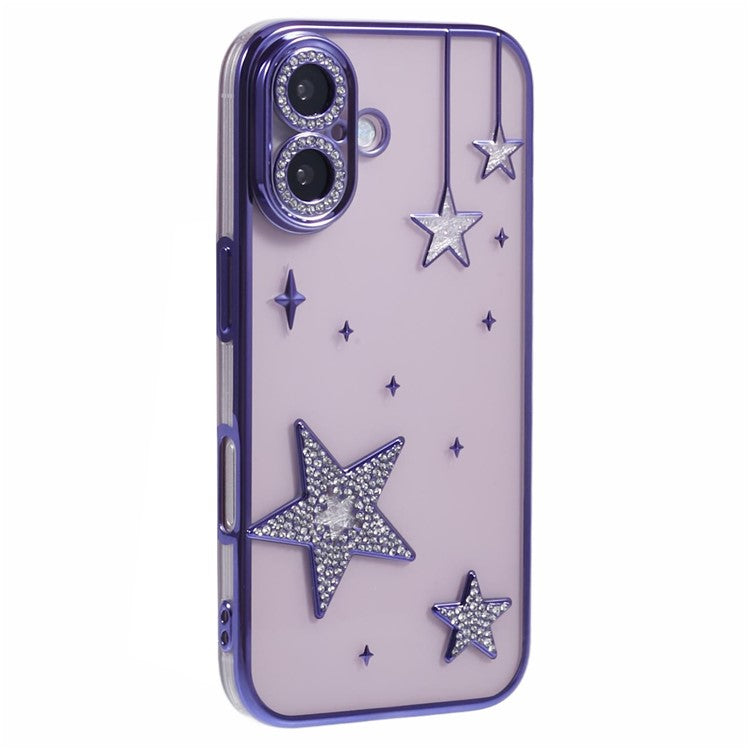 For iPhone 16 Plus Case 3D Bling Stars Electroplating TPU Clear Phone Case - Purple