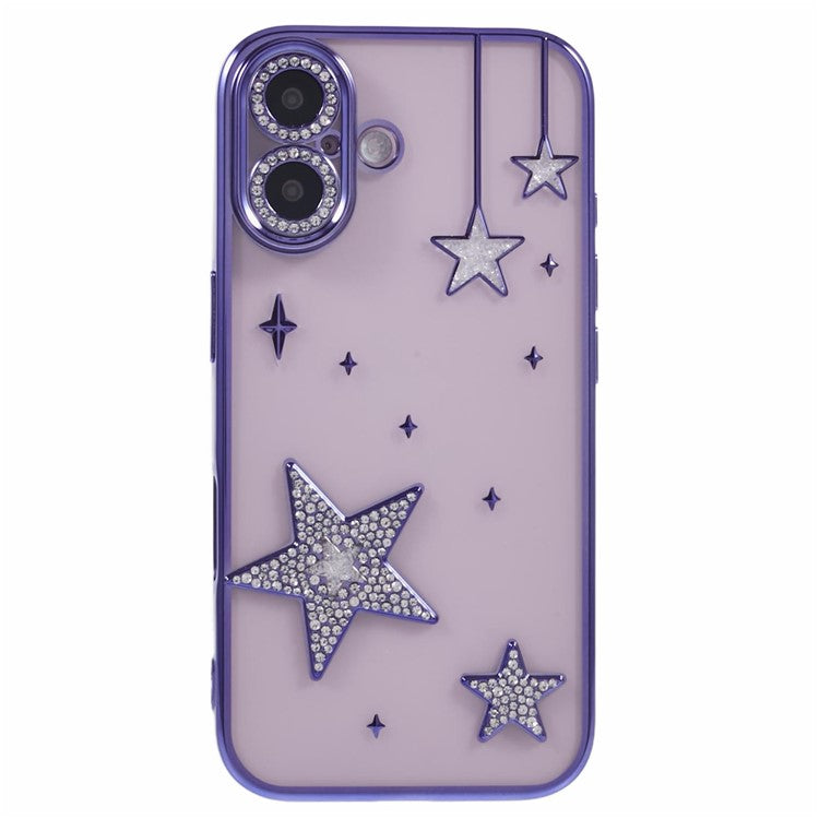 For iPhone 16 Plus Case 3D Bling Stars Electroplating TPU Clear Phone Case - Purple